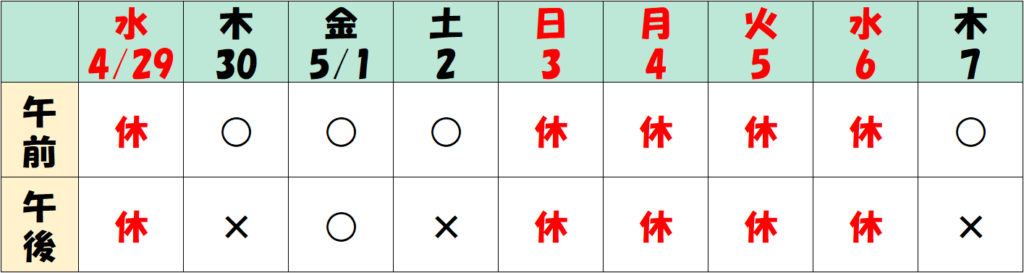 ４月２９日、５月３日～６日を終日休診とさせていただきます。